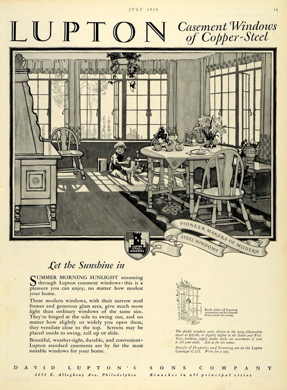1926 Ad David Lupton Casement Windows Copper Steel Dining Room Design Child HB2