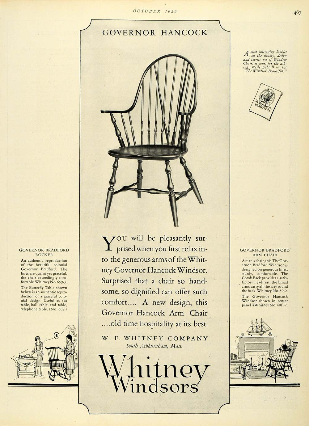 1926 Ad W F Whitney Governor Hancock Windsor Chair Rocker Colonial Furniture HB2 - Period Paper
