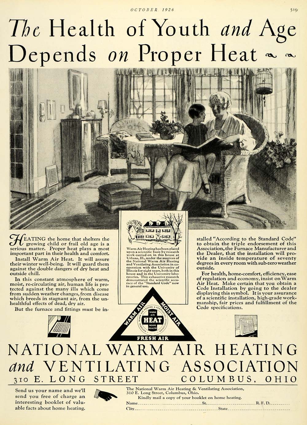 1926 Ad Warm Air Heating Grandma & Child Heater National