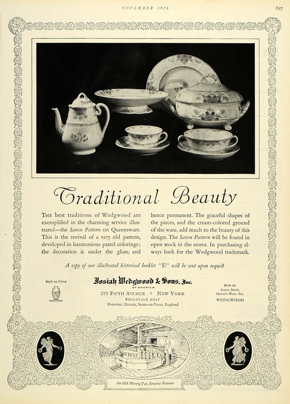 1926 Ad Queensware Pottery Saxon Pattern China Josiah Wedgwood Sons New York HB2