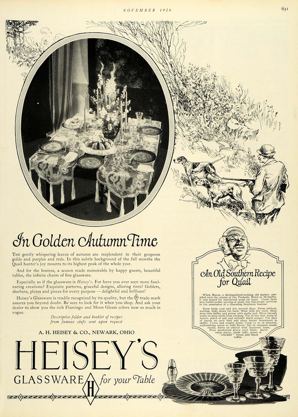 1926 Ad Decoration Heiseys Glassware Dining Table Hunt Quail Recipe Pointer HB2