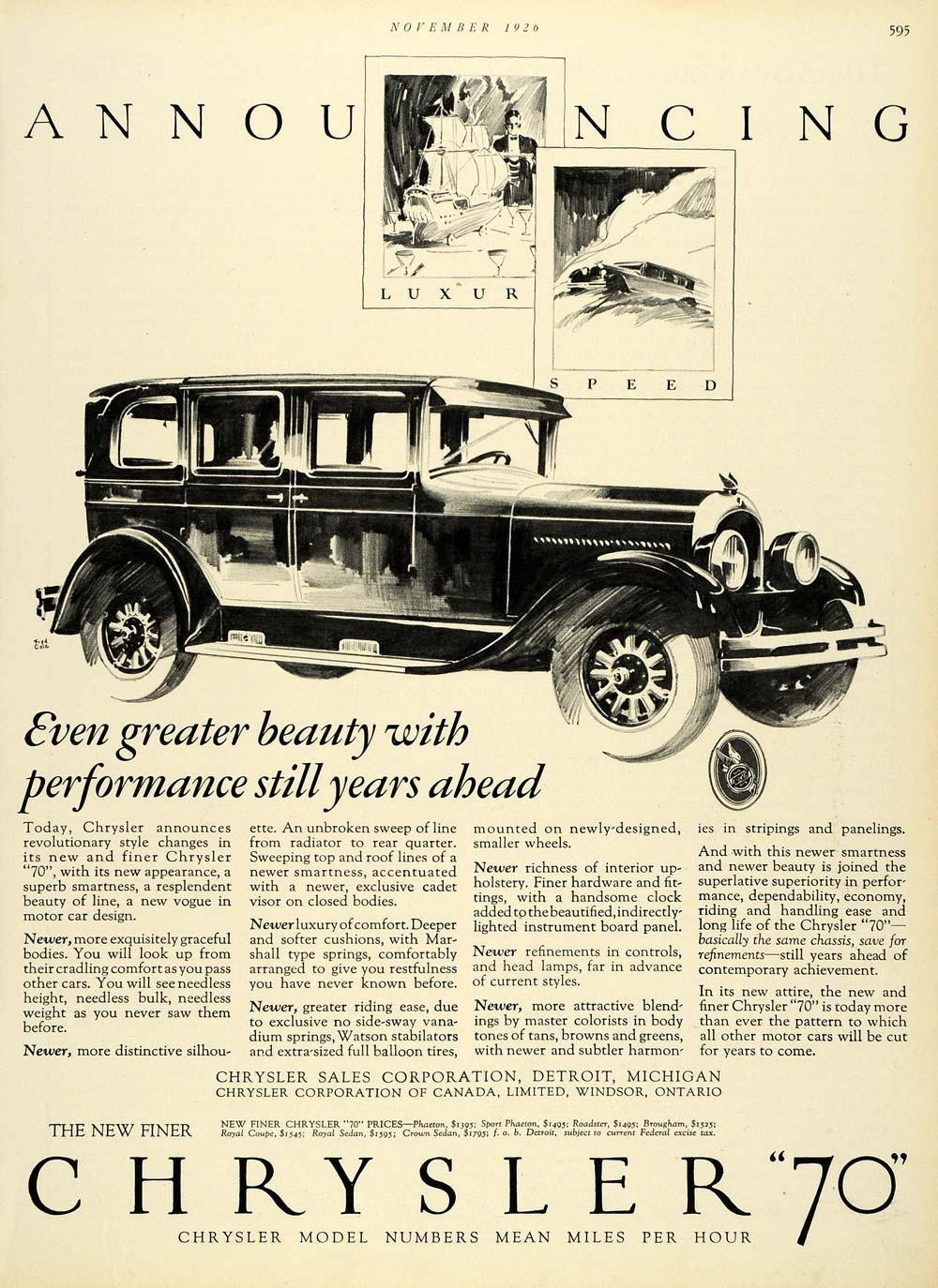 1926 Ad Chrysler 70 Automobile Vintage Car Fred Cole Luxury Motor Vehicle HB2