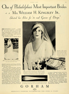 1929 Ad William Kingsley Jr Bride Philadelphia Gorham Silverware Gown HB2
