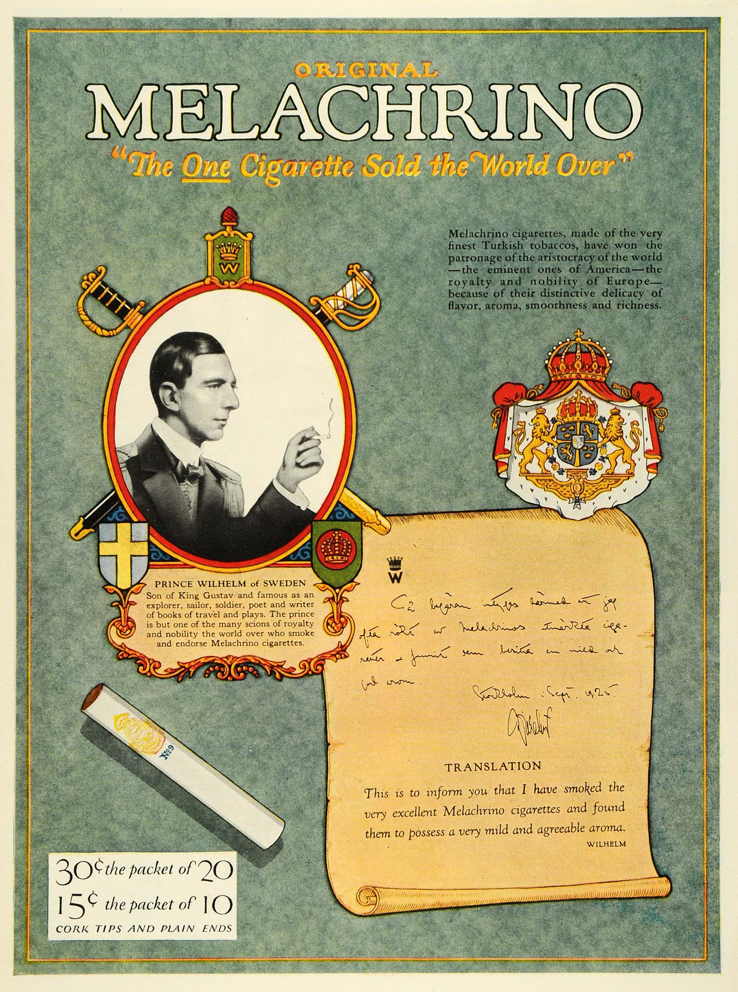 1927 Ad Melachrino Cigarette Smoking King Gustav Sweden Royalty Turkish HB2
