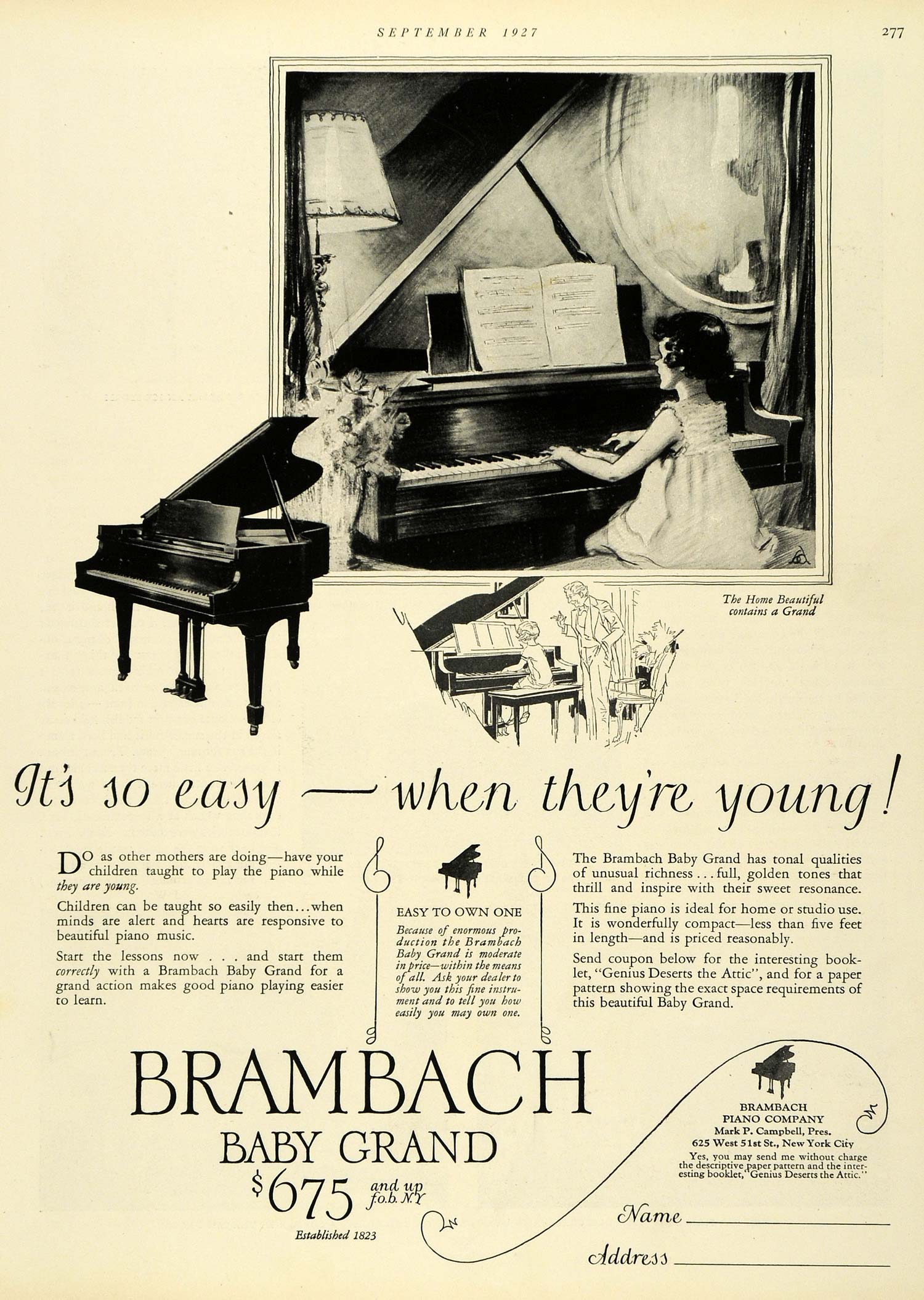 1927 Ad Brabach Baby Grand Piano Mark Campbell Musical Instrument Pianist HB2