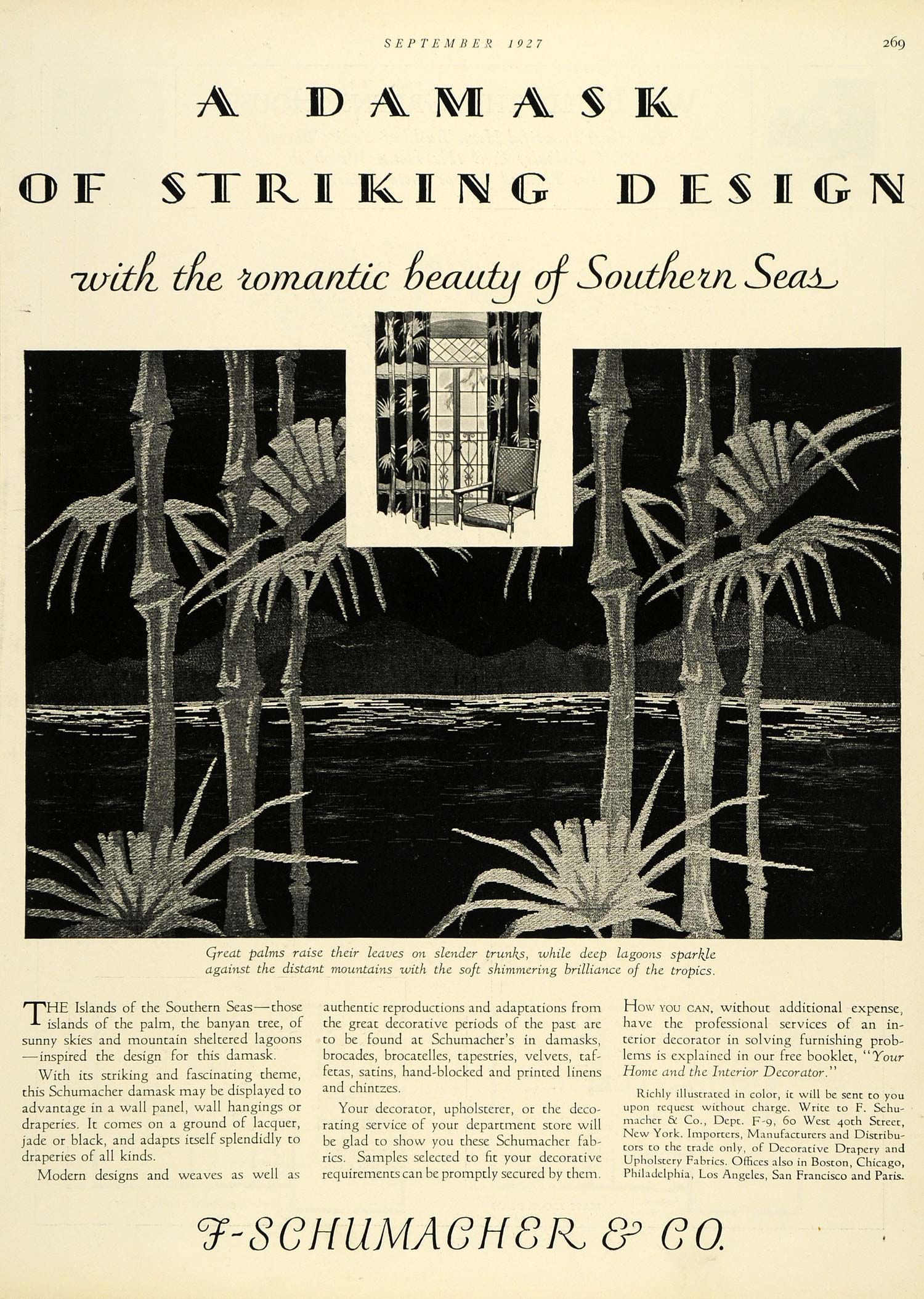 1927 Ad F Schumacher Southern Seas Palm Trees Home Decor Decoration Drapery HB2