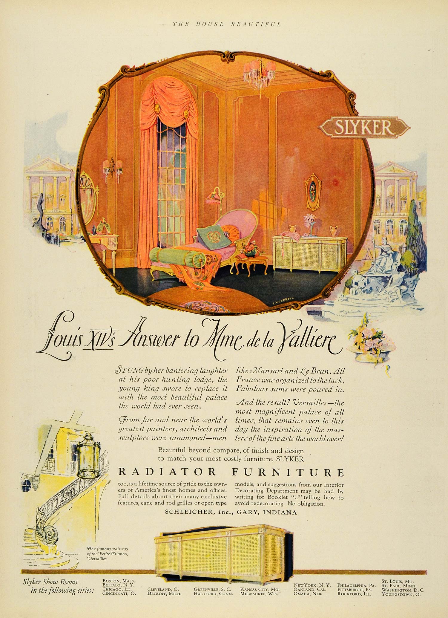 1927 Ad Radiator Furniture Slyker Louis XIV Schleicher Gary Indiana Le Brun HB2