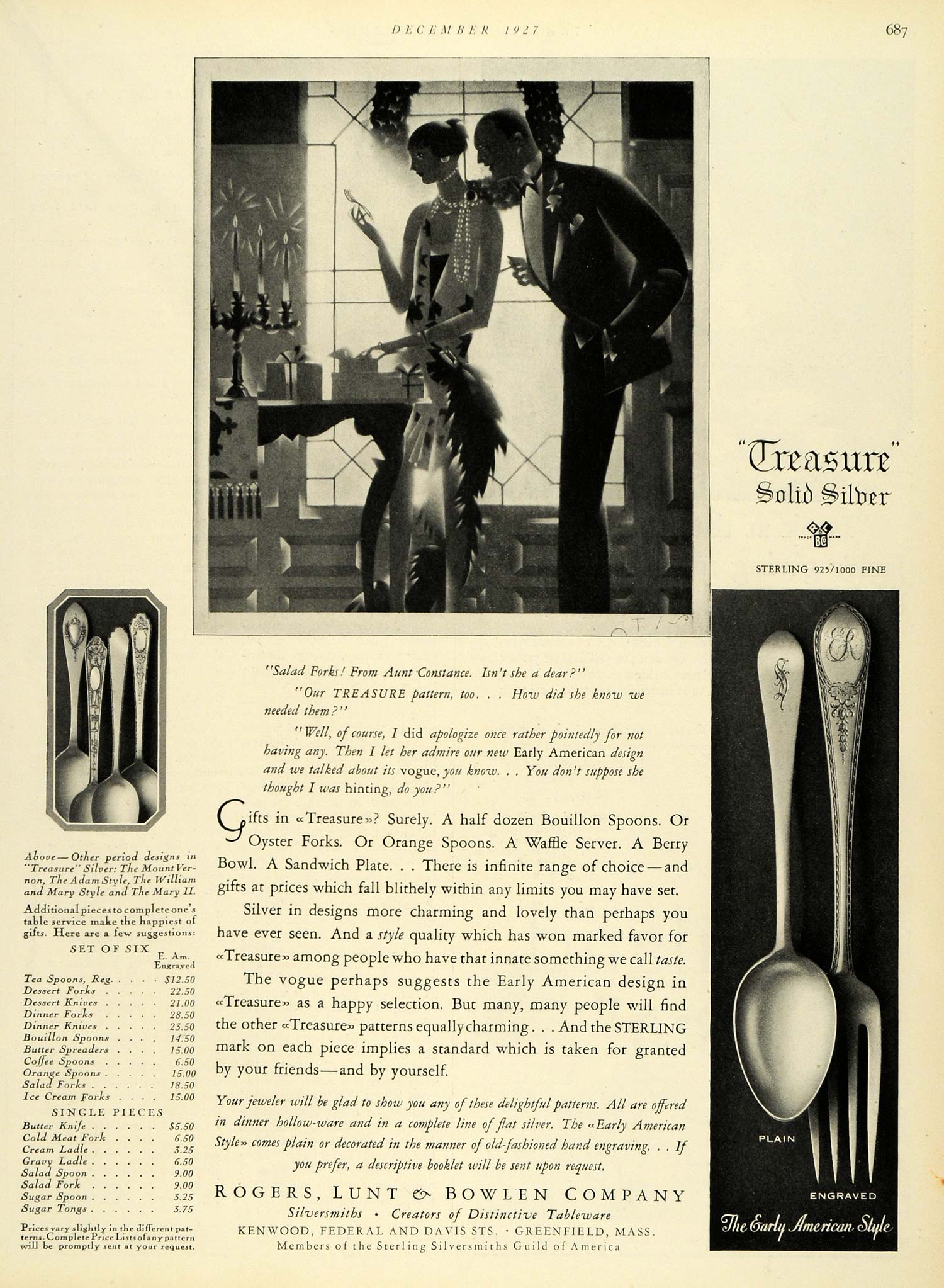 1927 Ad Rogers Lunt Bowlen Plain Engraved Silverware Dining Greenfield HB2