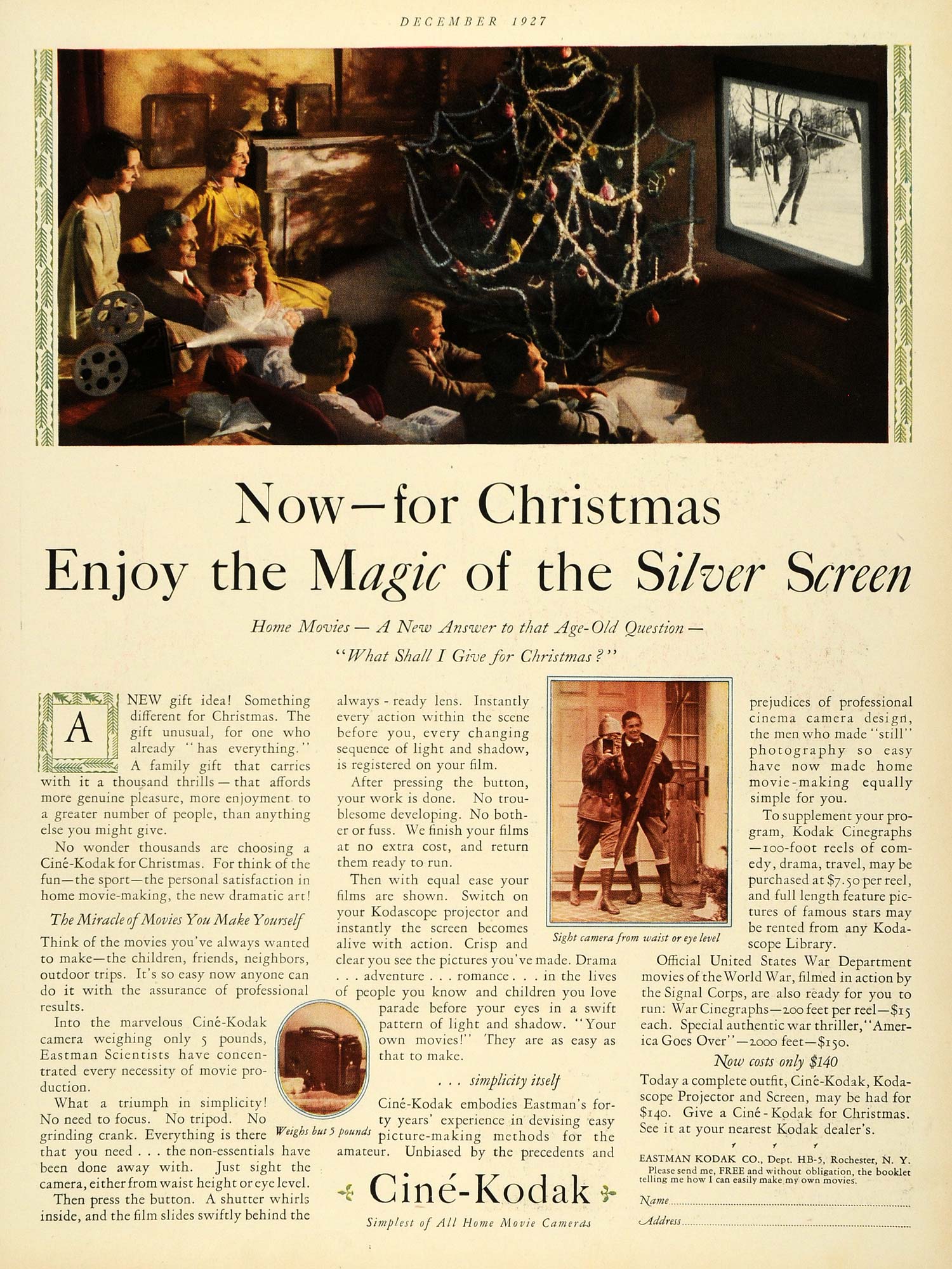 1927 Ad Cine-Kodak Camera Christmas Tree Screen Movies Ski Eastman Film Home HB2