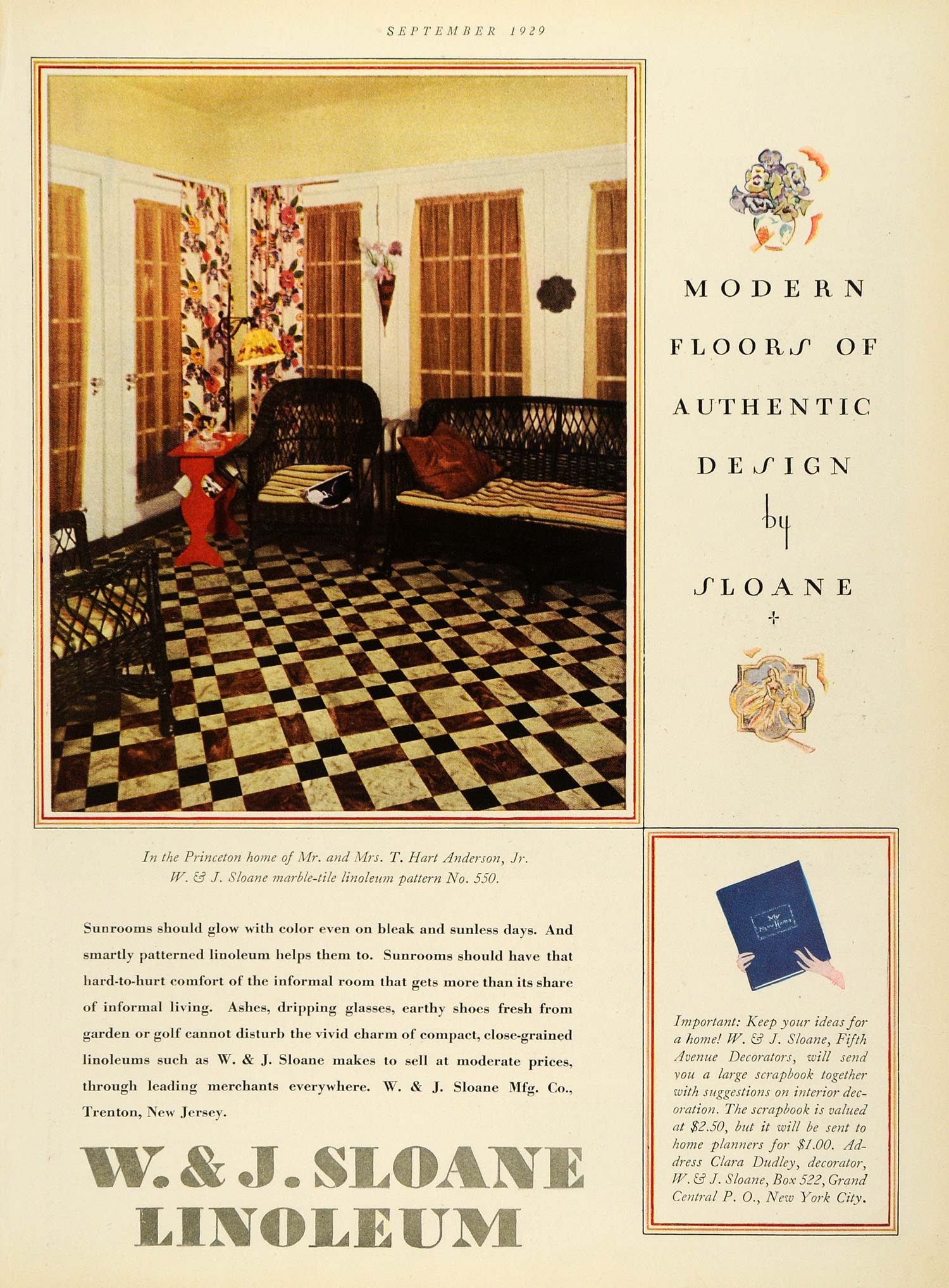 1929 Ad W J Sloane Linoleum Flooring Pattern Hart Anderson Princeton Decor HB2