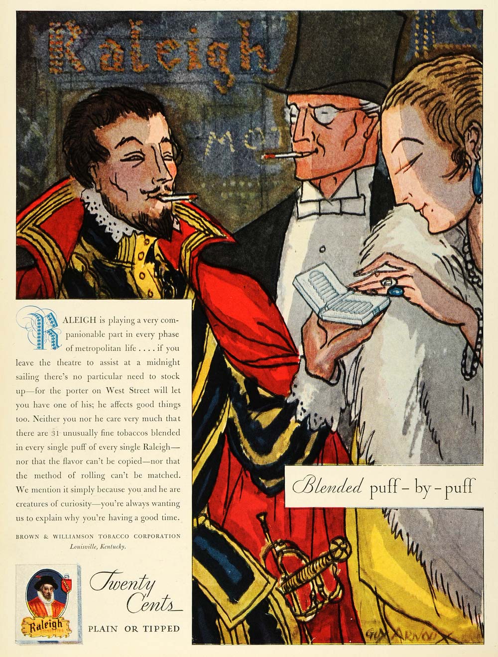 1929 Ad Sir Walter Raleigh Cigarettes Tobacco Case Louisville Smoking Sword  HB2