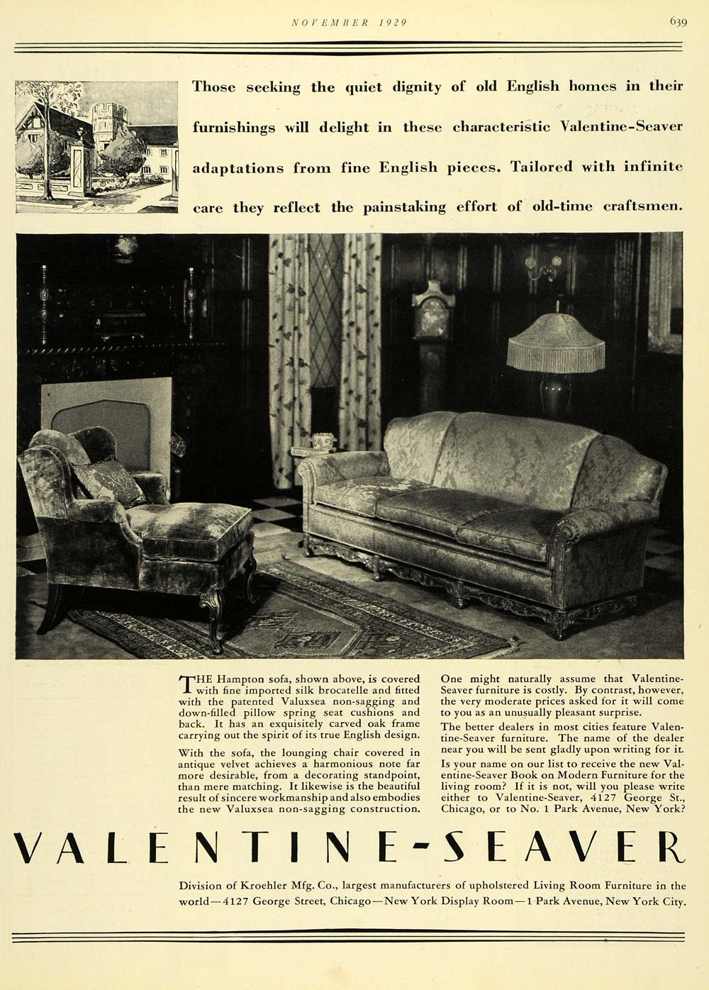 1929 Ad Valentine-Seaver Furniture Kroehler Living Room Chicago Illinois HB2