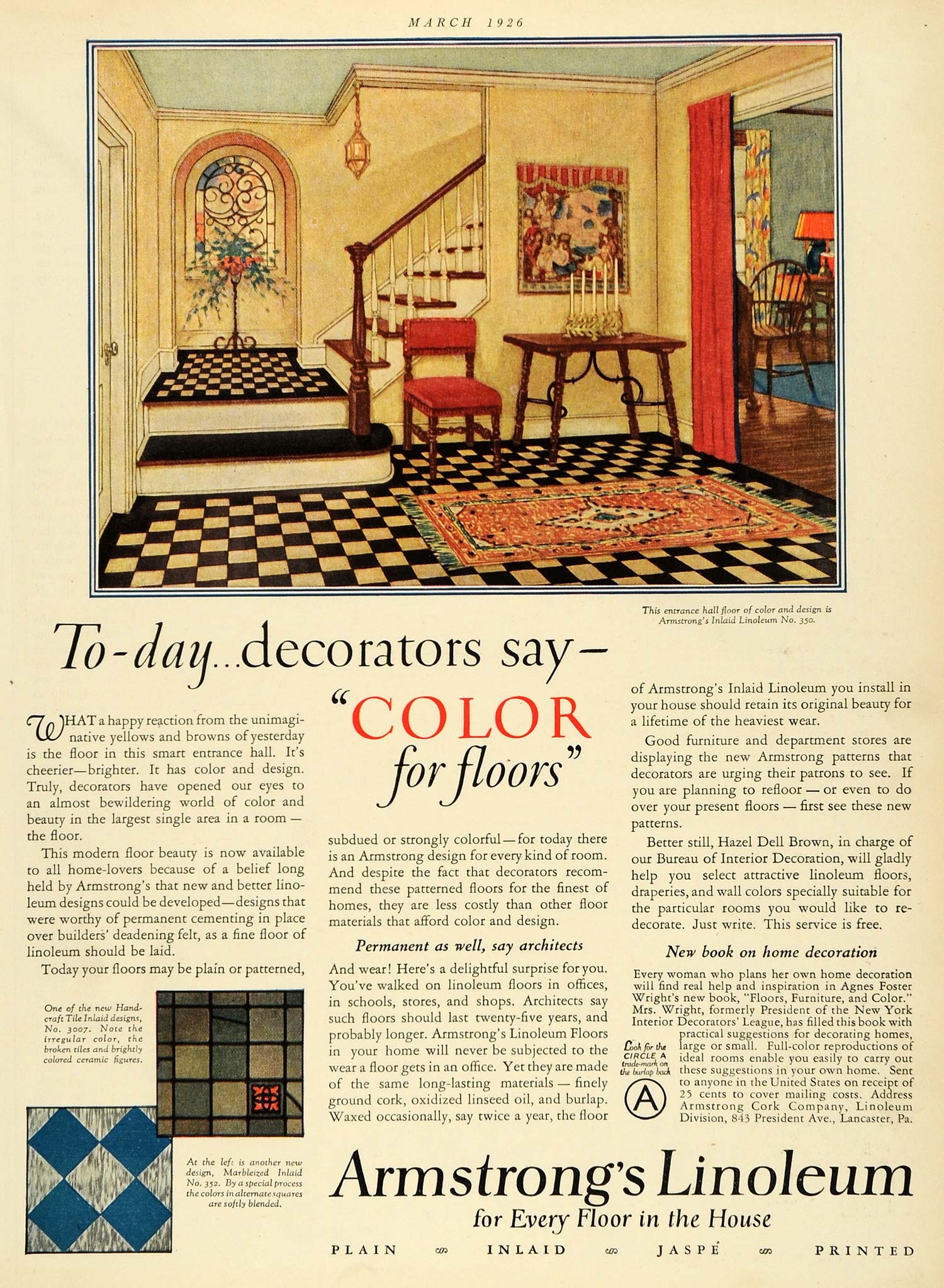 1926 Ad Armstrong Linoleum Cork Lancaster Pennsylvania Interior Decor Home HB3