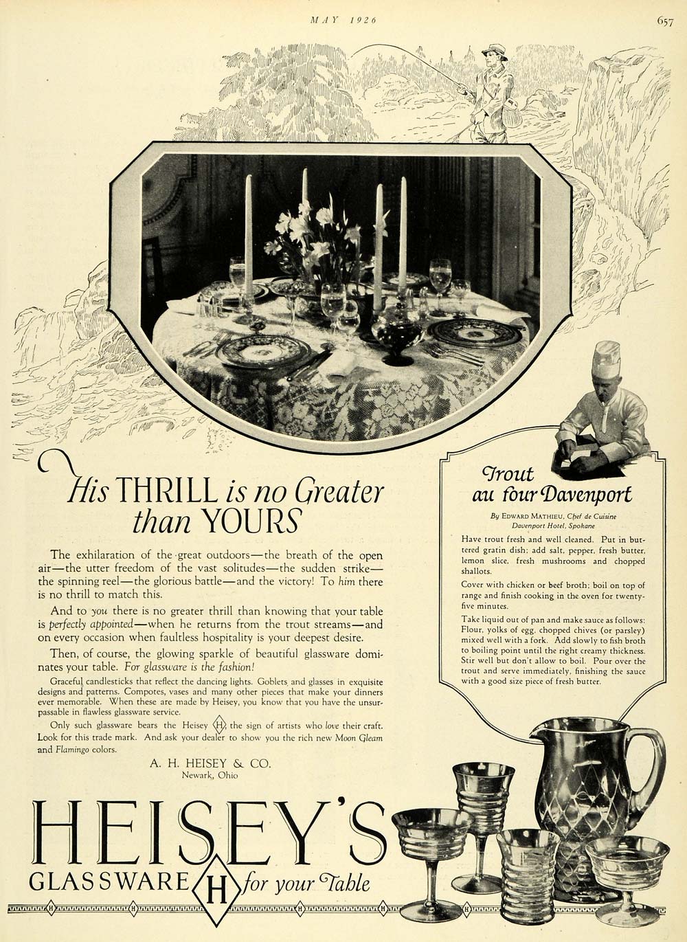 1926 Ad A. H. Heisey Home Glassware Chef Edward Mathieu Davenport Hotel HB3