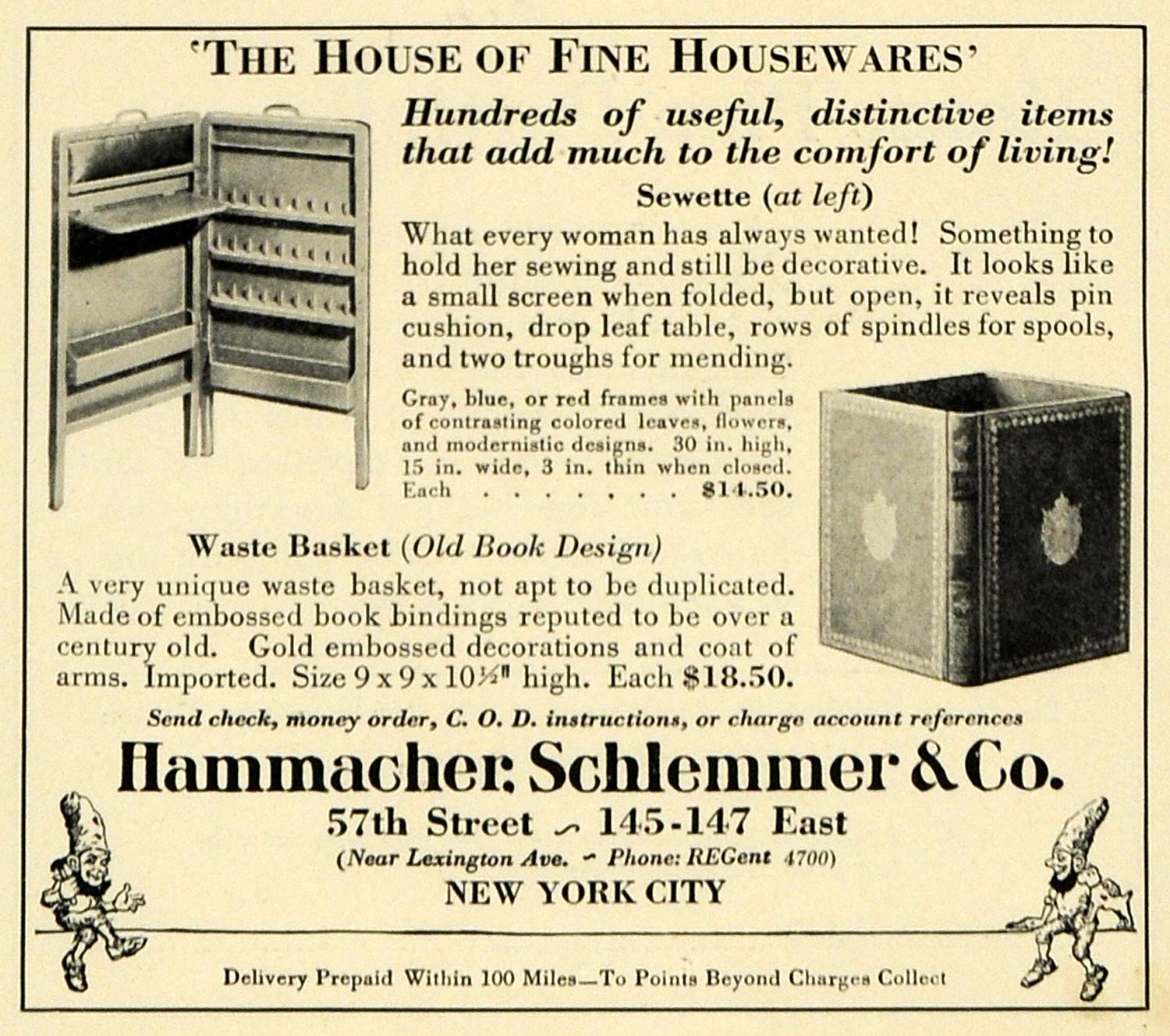 1929 Ad Hammacher Schlemmer Home Sewing Sewett Screen Waste Garbage Basket HB3