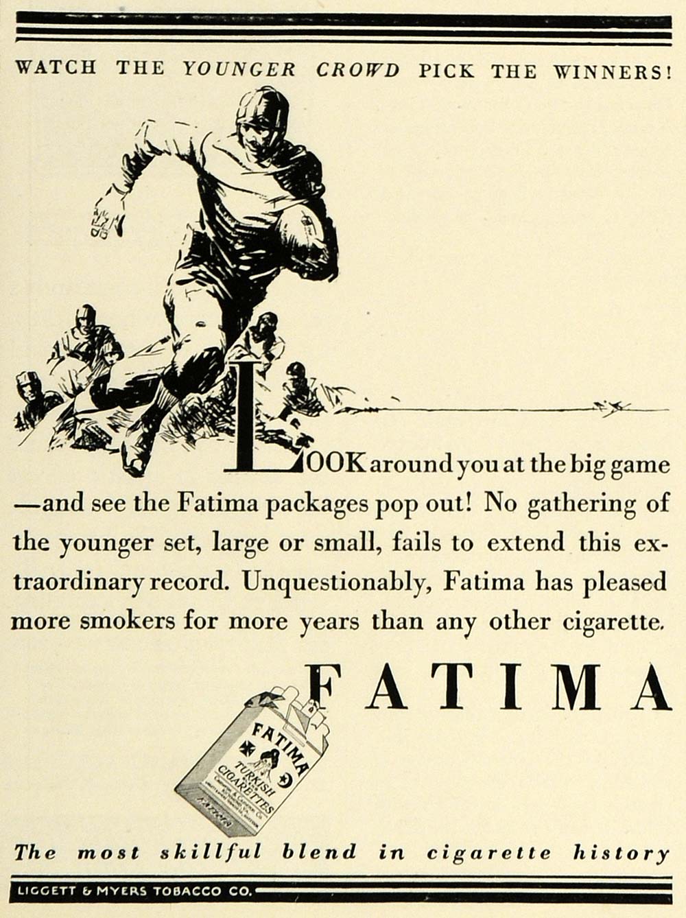 1927 Ad Fatima Turkish Cigarettes Liggett Myers Tobacco Football Game Sports HB3