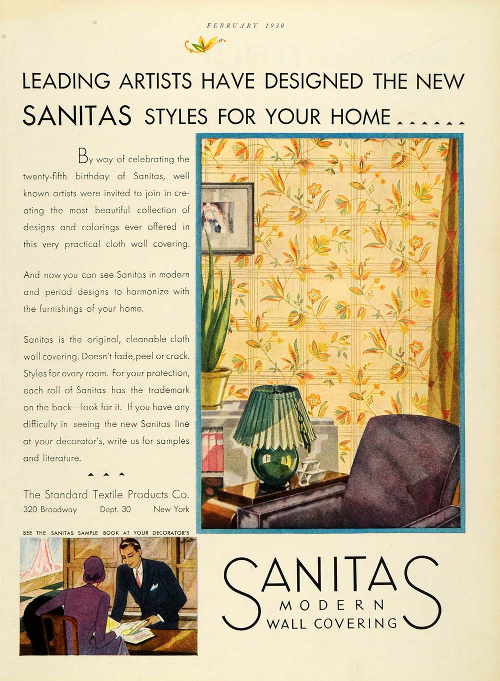 1930 Ad Standard Textile Products Sanitas Wall Coverings Wallpaper Home HB3