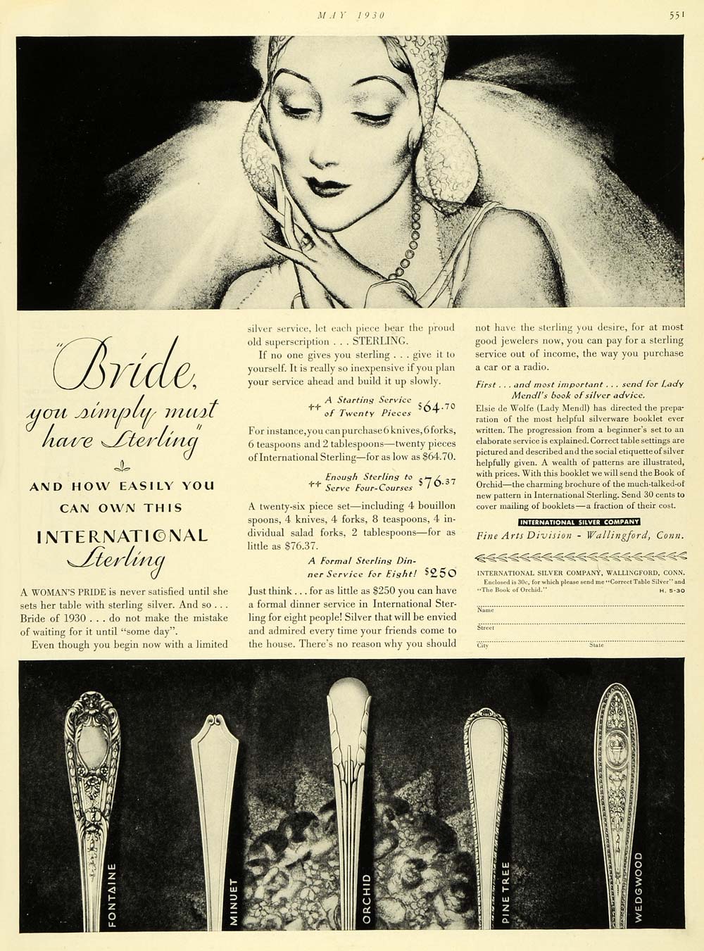 1930 Ad International Sterling Silverware Patterns Fontaine Minuet Wedgwood HB3