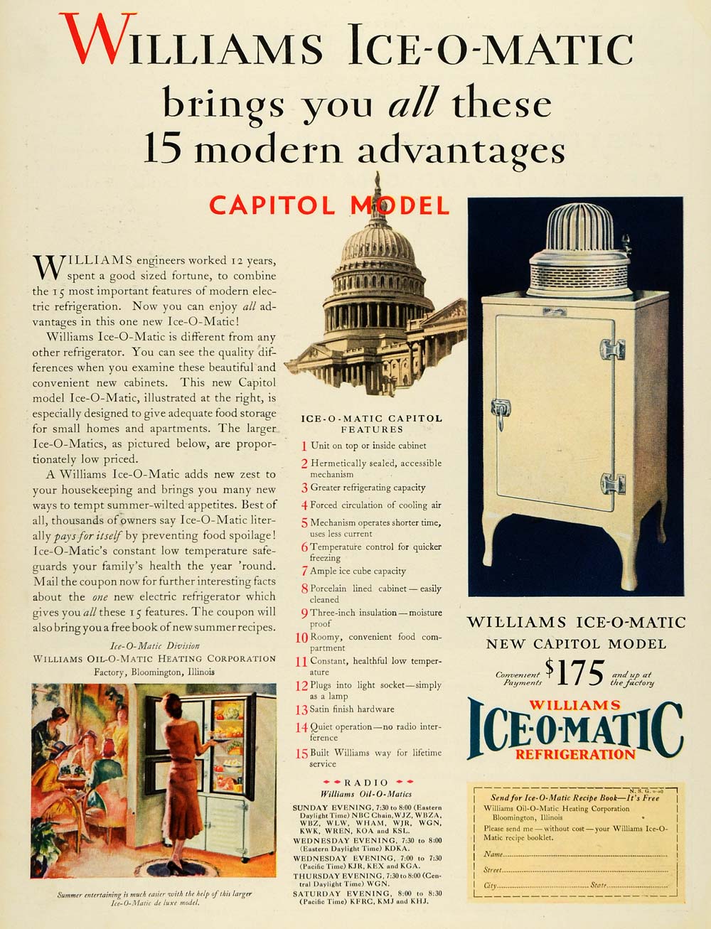 1930 Ad Capitol Kitchen Bloomington IL Ice-O-Matic Williams 