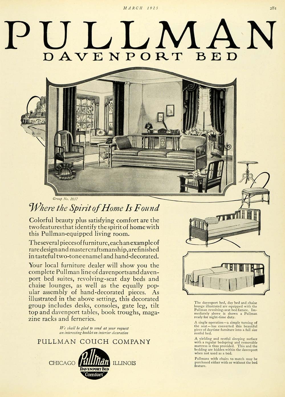 1925 Ad Sleeper Sofa Pullman Couch Co Davenport Bed Living Room No 2637 HB3