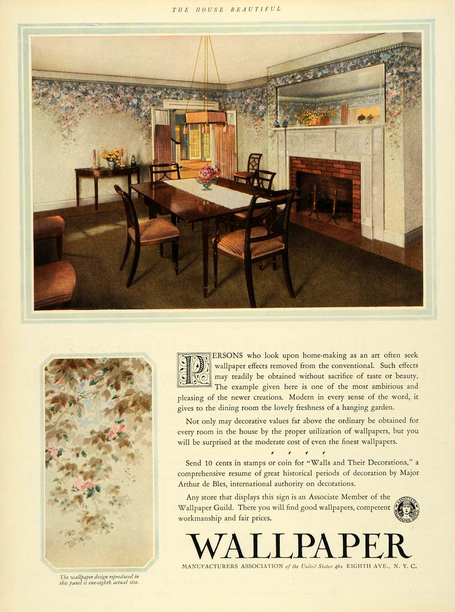 1925 Ad Wallpaper Dining Room Interior Design Decor Floral Pattern Fir ...