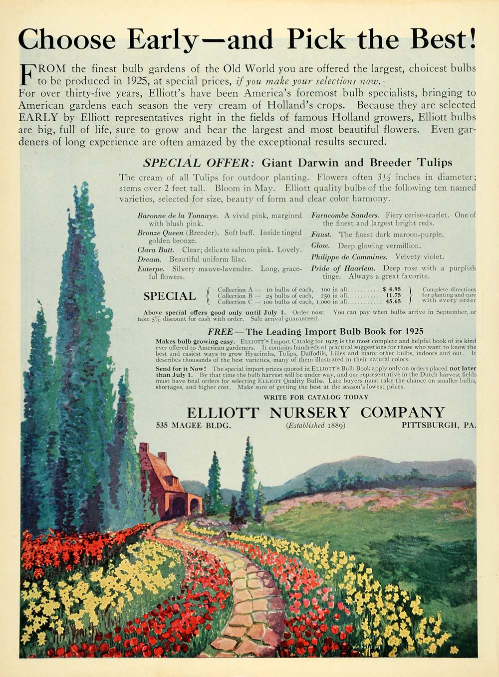 1925 Ad Elliott Nursery Import Bulb Garden Darwin Breeder Tulips Spring HB3