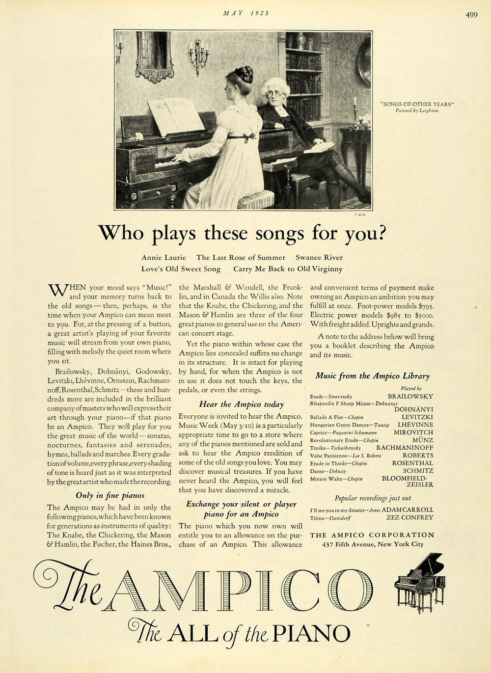 1925 Ad Music Ampico Piano Songs of Other Years Leighton Musical Instr ...