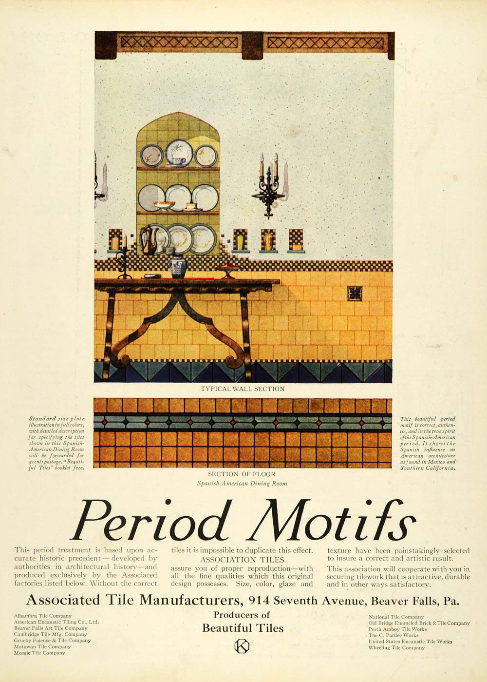1925 Ad Spanish American Dining Room Tiles Period Motifs Associated House HB3