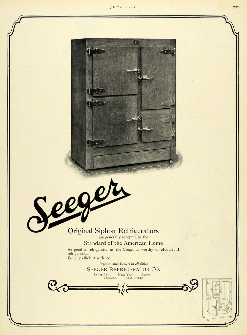 1925 Ad Fridge Cabinet Seeger Refrigerator Freezer Electric Appliances HB3
