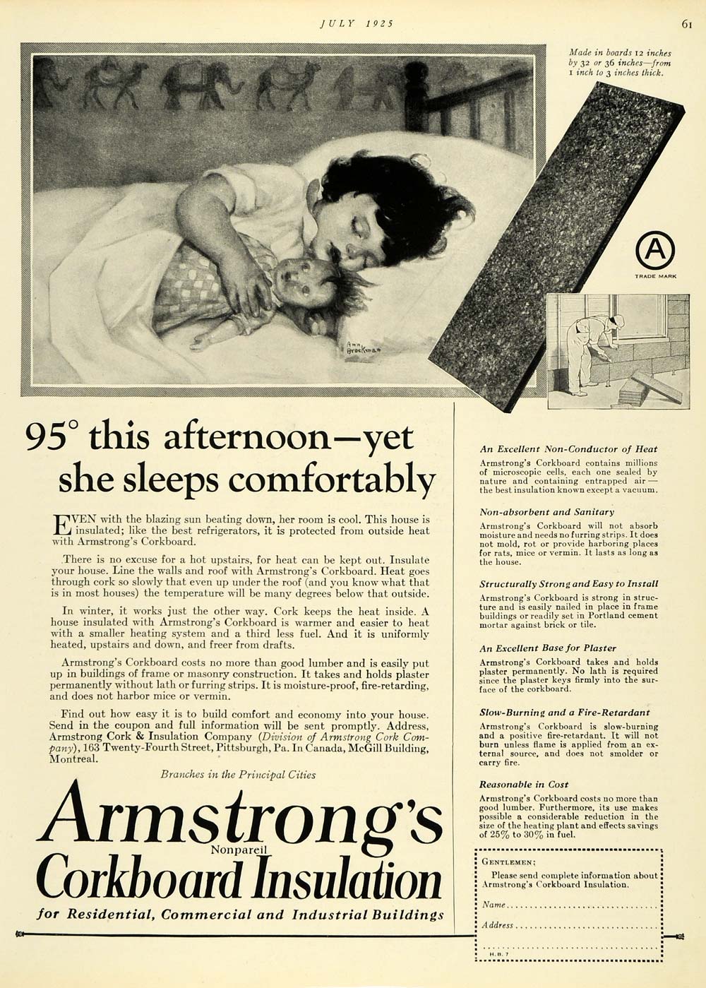 1925 Ad Armstrong's Corkboard Insulation Cute Child Sleeping Ann Brockman HB3