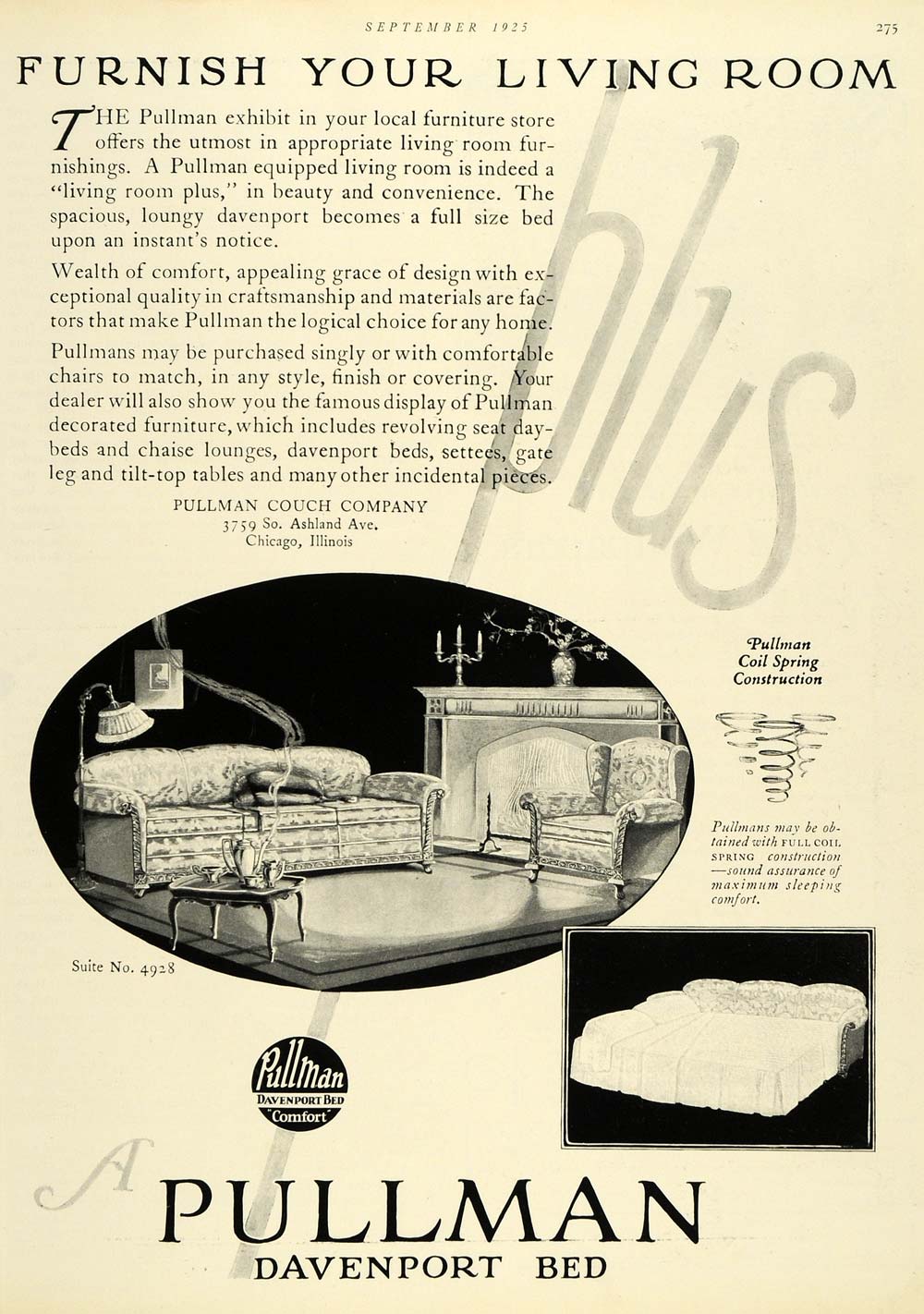 1925 Ad Bed Sofa Pullman Cough Living Room Sleeper Suite No. 4928 Davenport HB3