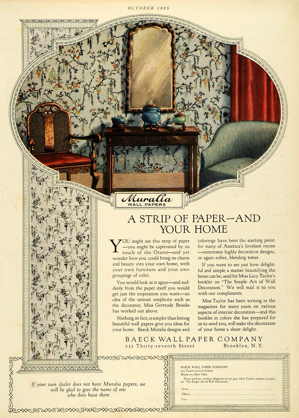 1925 Ad Baeck Wall Paper Co Muralia Floral Design Orient Home Decoration HB3