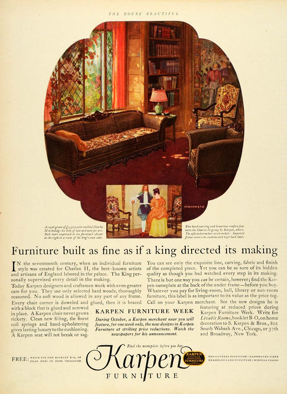1925 Ad Charles II Design Sofa Armchair Antique Furniture Mohair Decor HB3