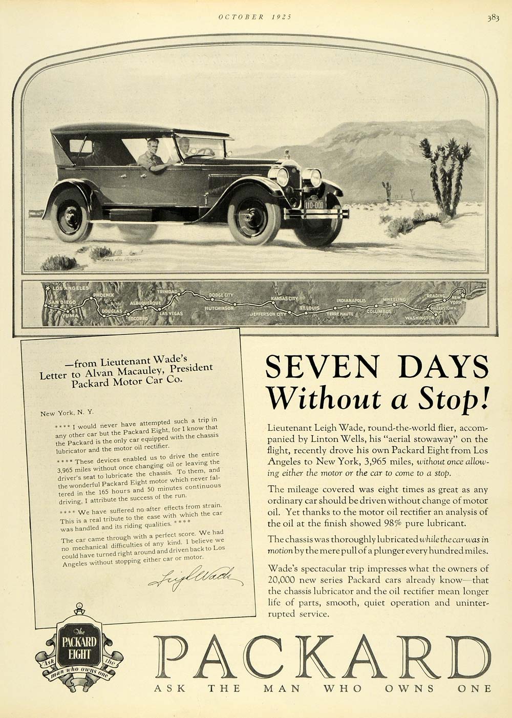 1925 Ad Lieutenant Leigh Wade Packard Eight Automobile Letter Dessert Trip HB3