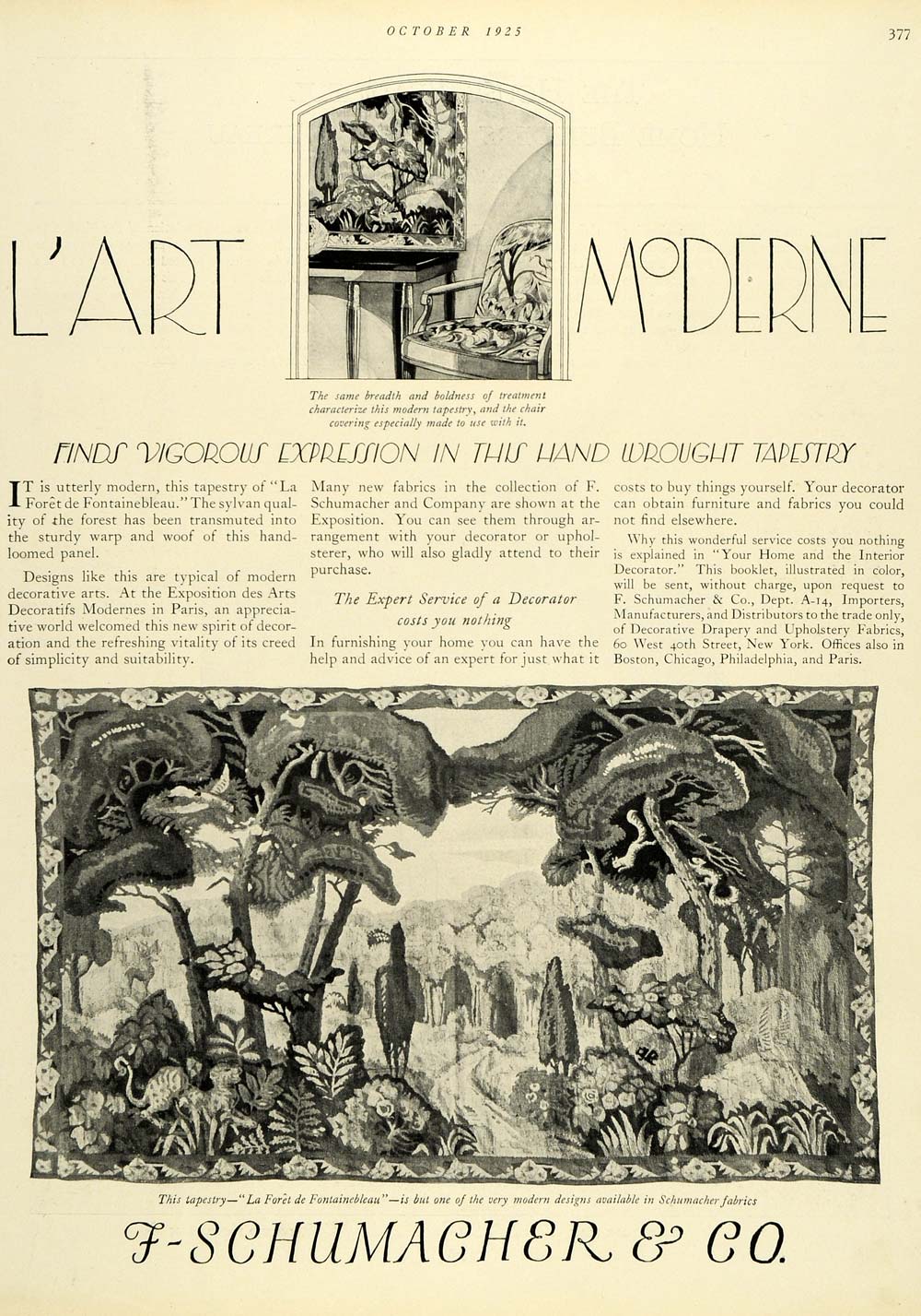 1925 Ad L'Art Moderne Fabrics F Schumacher Co La Foret de Fontainebleau HB3