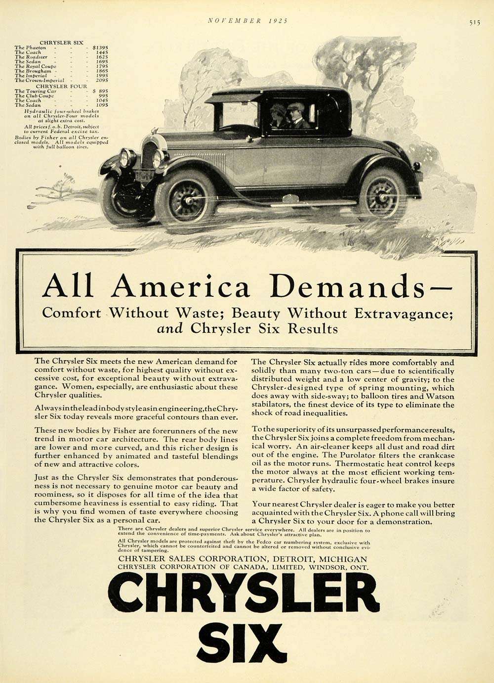 1925 Ad 1925 Ad Luxury Car Chrysler Six Automobile Vintage Motor Vehicle HB3 ...