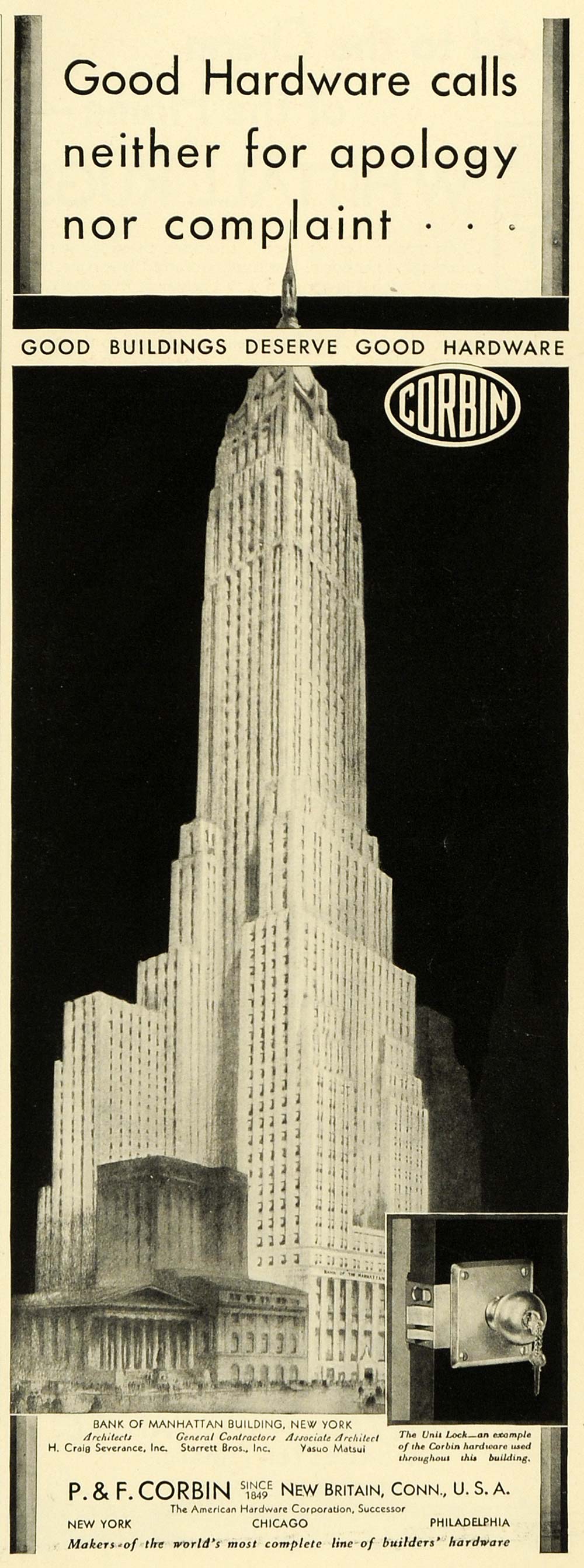 1930 Ad Hardware Corbin New Britain Connecticut Bank Manhattan Building HB3