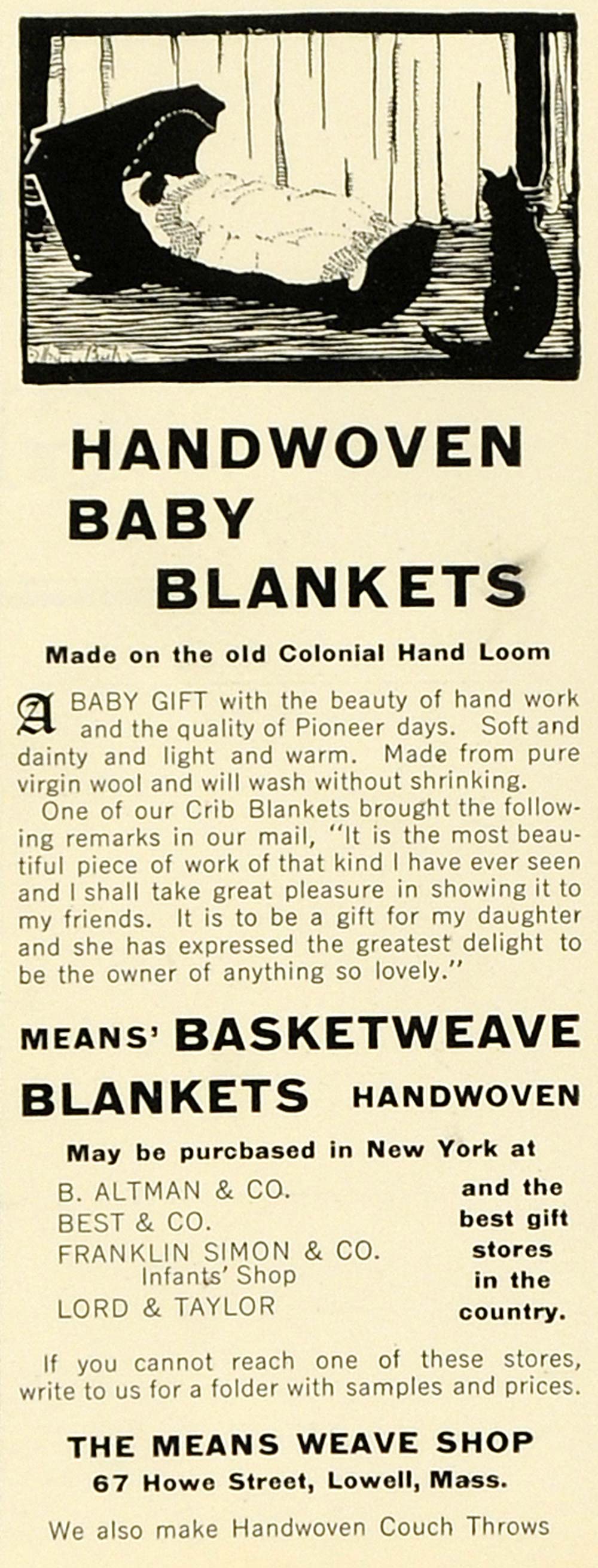 1925 Ad Handwoven Baby Blanket Child Means Weave Lowell Massachusetts Crib HB3