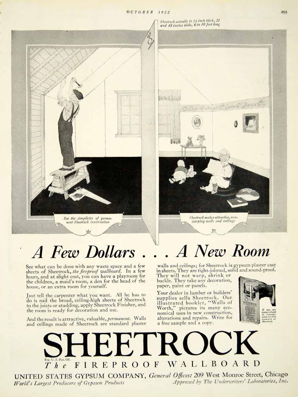 1922 Ad Sheetrock Fireproof Wallboard 209 West Monroe Street Chicago Gypsum HB4