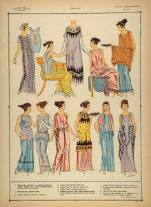 1922 Pochoir Greco Roman Women Costume Stola Tunic Lyre - ORIGINAL HCF1