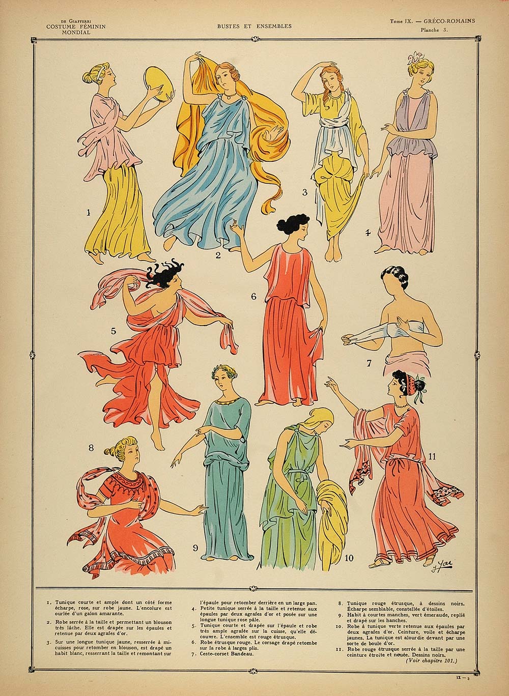 1922 Pochoir Greco Roman Women Costume Etruscan Tunic - ORIGINAL HCF1
