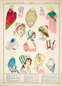 1922 Pochoir Print Costume First French Empire Fashion Hats Bonnets Women HCF2