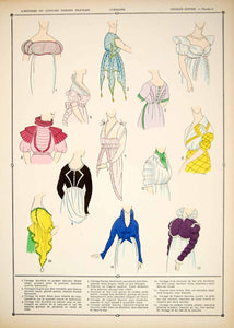 1922 Pochoir Print Costume First French Empire Fashion Bodice Blouses Dress HCF2