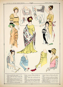 1922 Pochoir Print Costume First French Empire Fashion Sleeves Dress Women HCF2