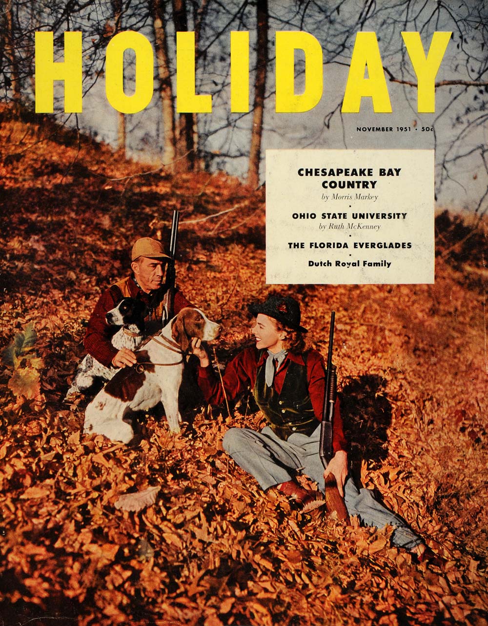 1951 Cover Holiday Brittany Dogs Rifles Woman Hunting - ORIGINAL HDL1