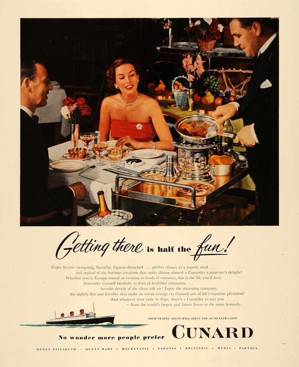 1952 Ad Cunard Line Cruise Crepes Suzette Dinner Ship - ORIGINAL HDL1