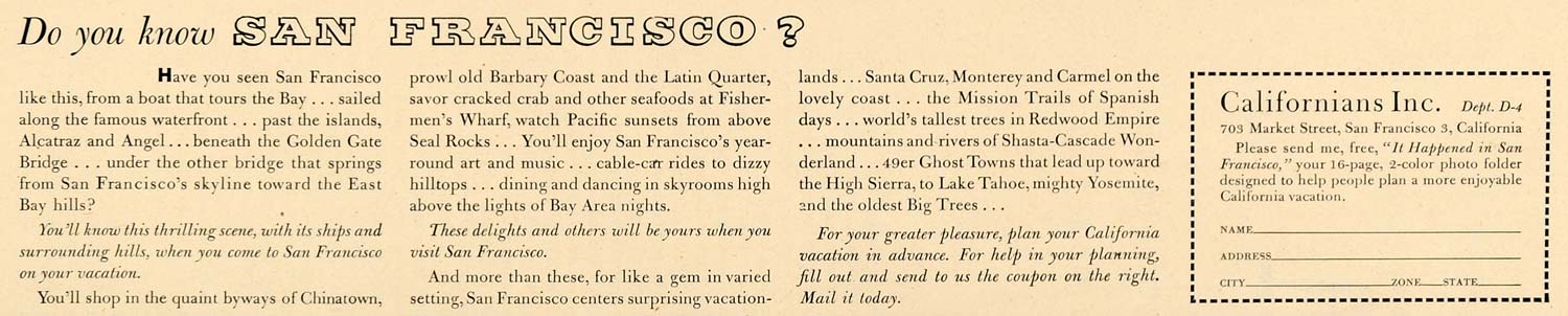1952 Ad Californians Inc San Francisco Vacation Travel - ORIGINAL HDL1