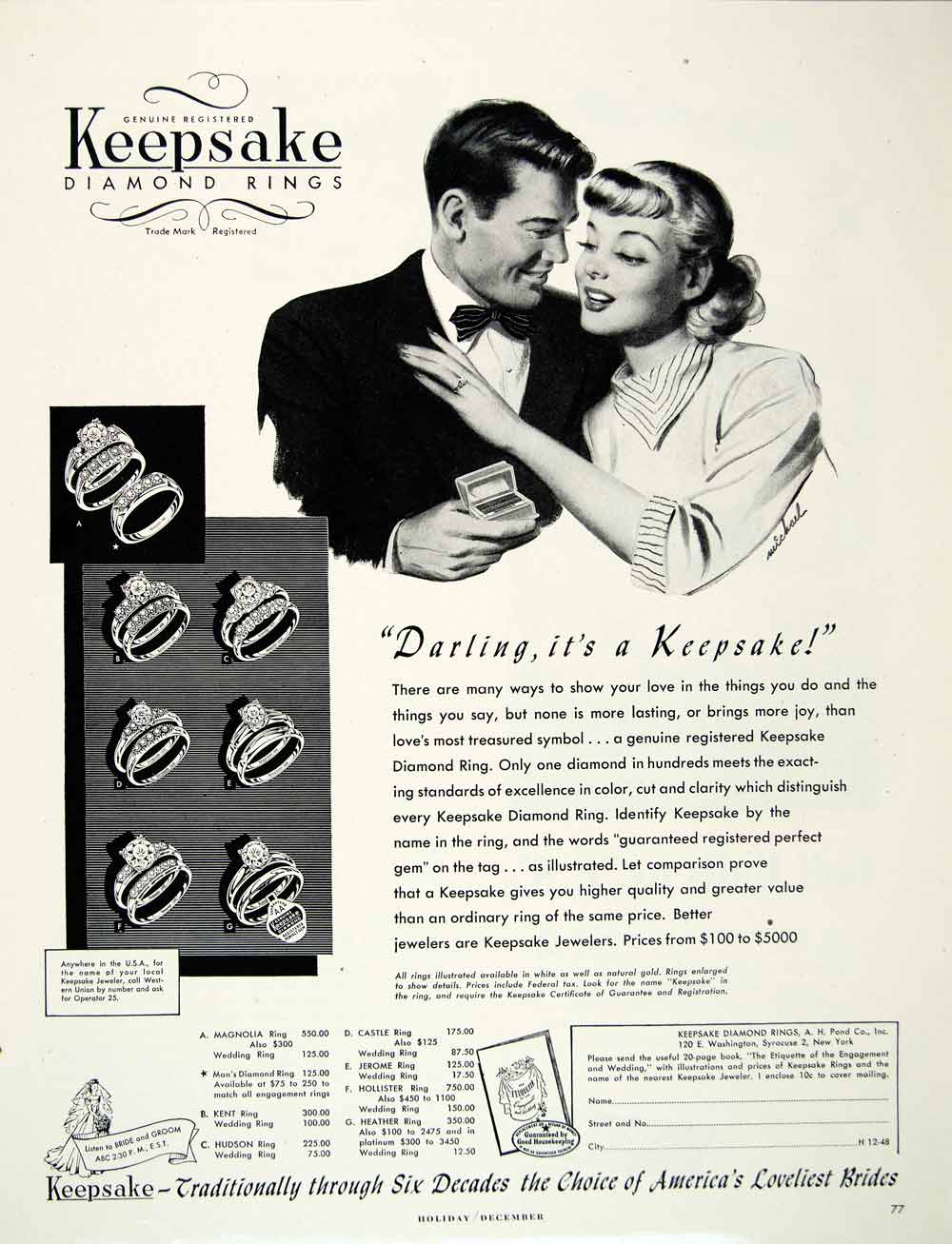 1948 Ad Keepsake Diamond Ring Bride Groom New York Traditional American HDL2