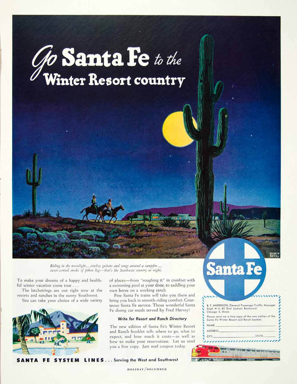 1948 Ad Santa Fe System Lines Winter Resort Country Landscape Cowboy Travel HDL2