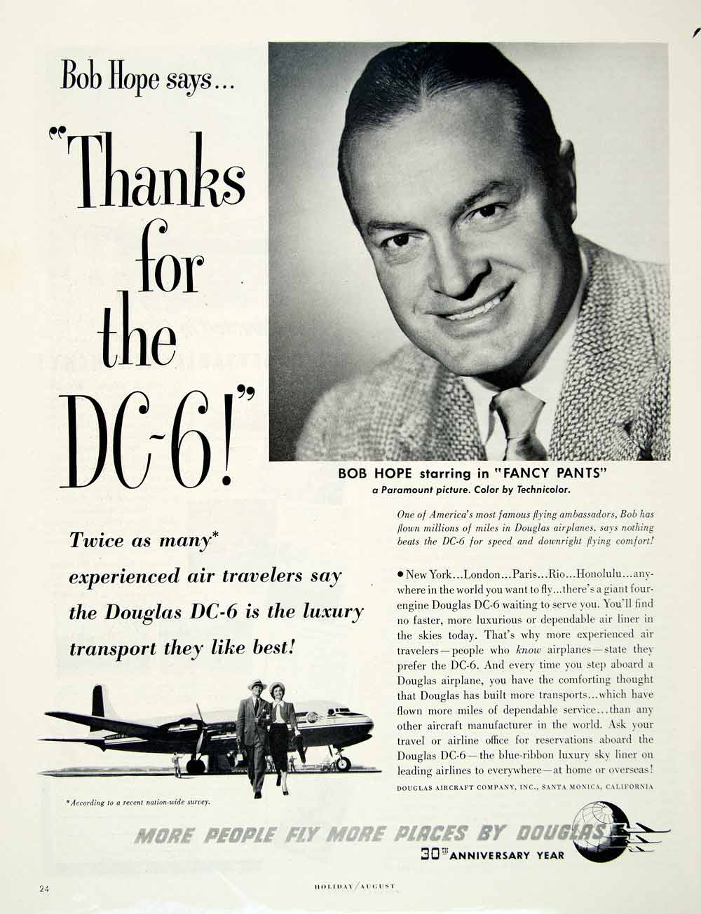 1950 Ad Bob Hope Douglas DC-6 Fancy Pant Travel Aircraft Santa Monica HDL2